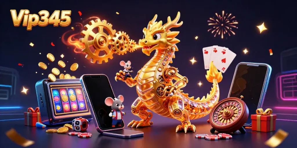 Vip345 dragon breathing cogs, illustrating dynamic casino action with colorful slot game elements.