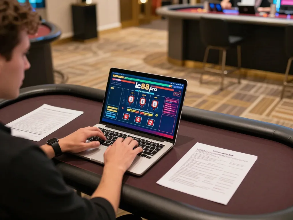Player enjoying lc88pro’s live dealer games on a laptop with vibrant interface and strategy notes.