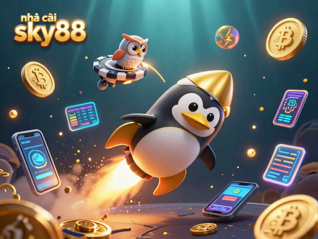 Engage with casino excitement at nhà cái sky88, where a golden penguin blasts through space amidst vibrant cryptocurrency elements.