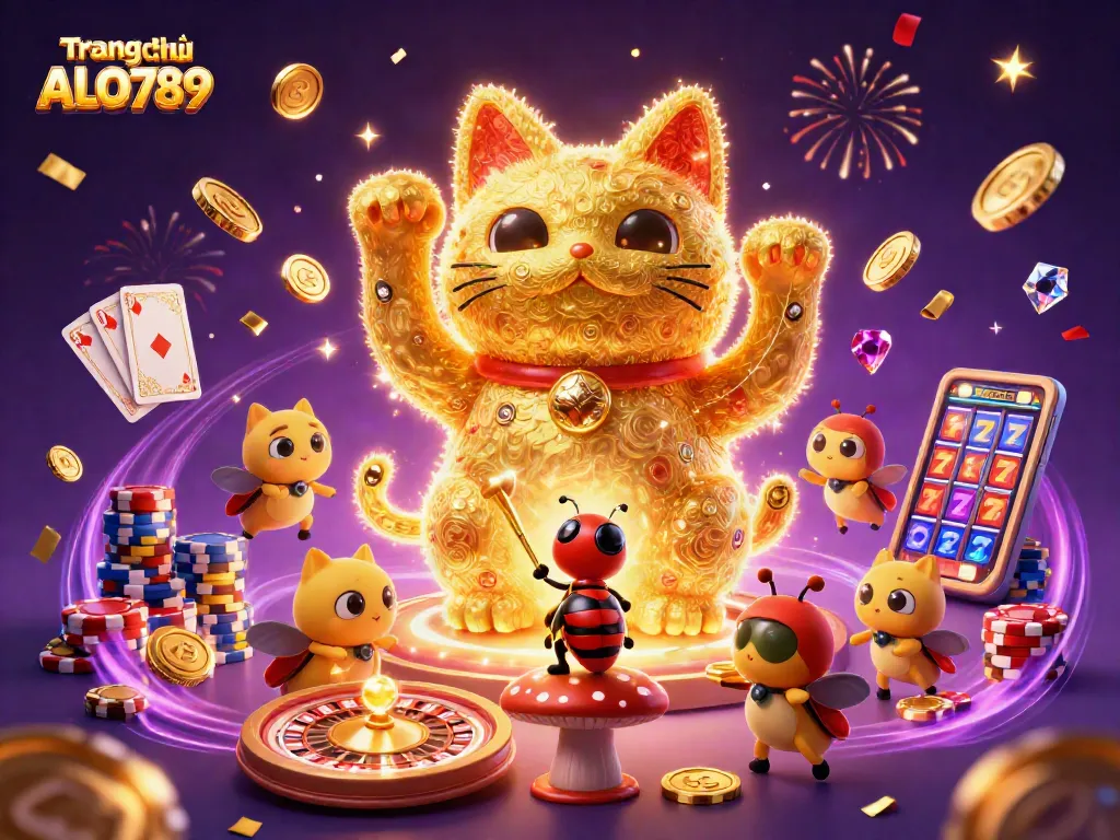 Experience excitement at Trang chủ ALO789 with golden lucky cat and dynamic casino symbols.