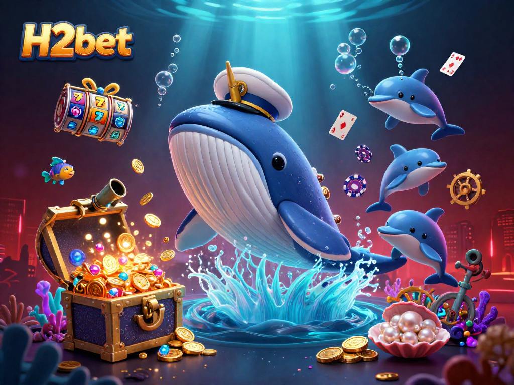 Engage in winning slots with H2bet’s exciting 3D cartoon scene featuring a playful whale and poker chips.