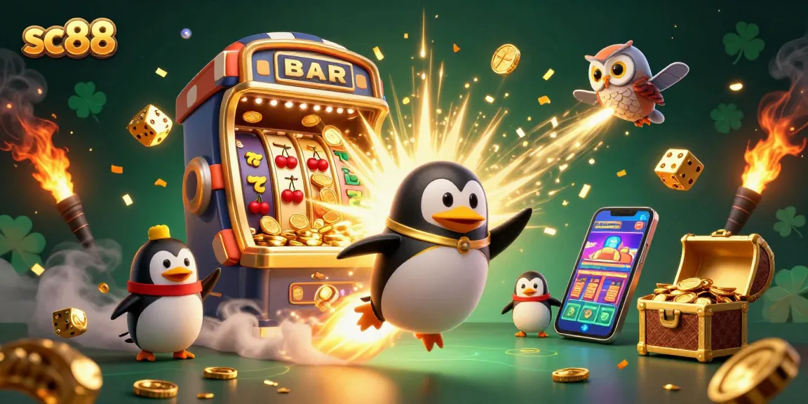 Experience thrilling wins at sc88 with a dynamic 3D illustration of a penguin launching towards a poker chip casino amidst slot game excitement.