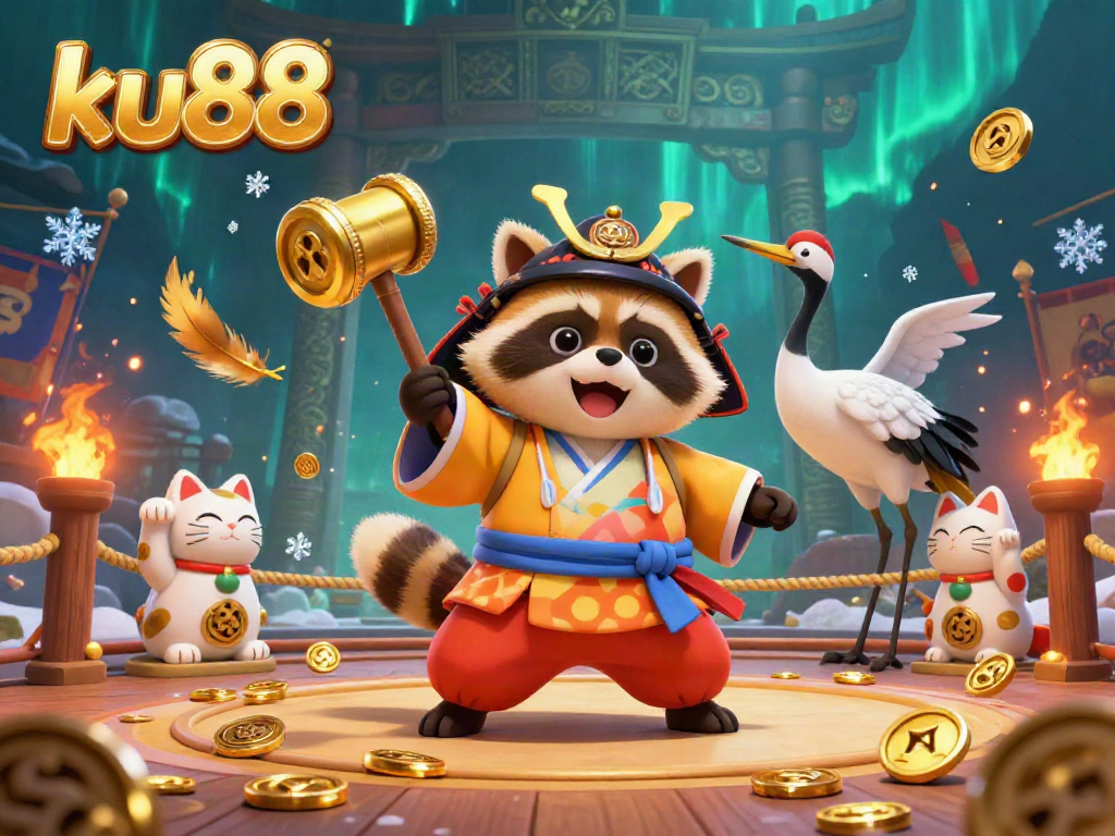 Engage with the lively ku88 scene featuring a tanuki, samurai crane, and waving fortune cats amidst a dynamic casino backdrop.