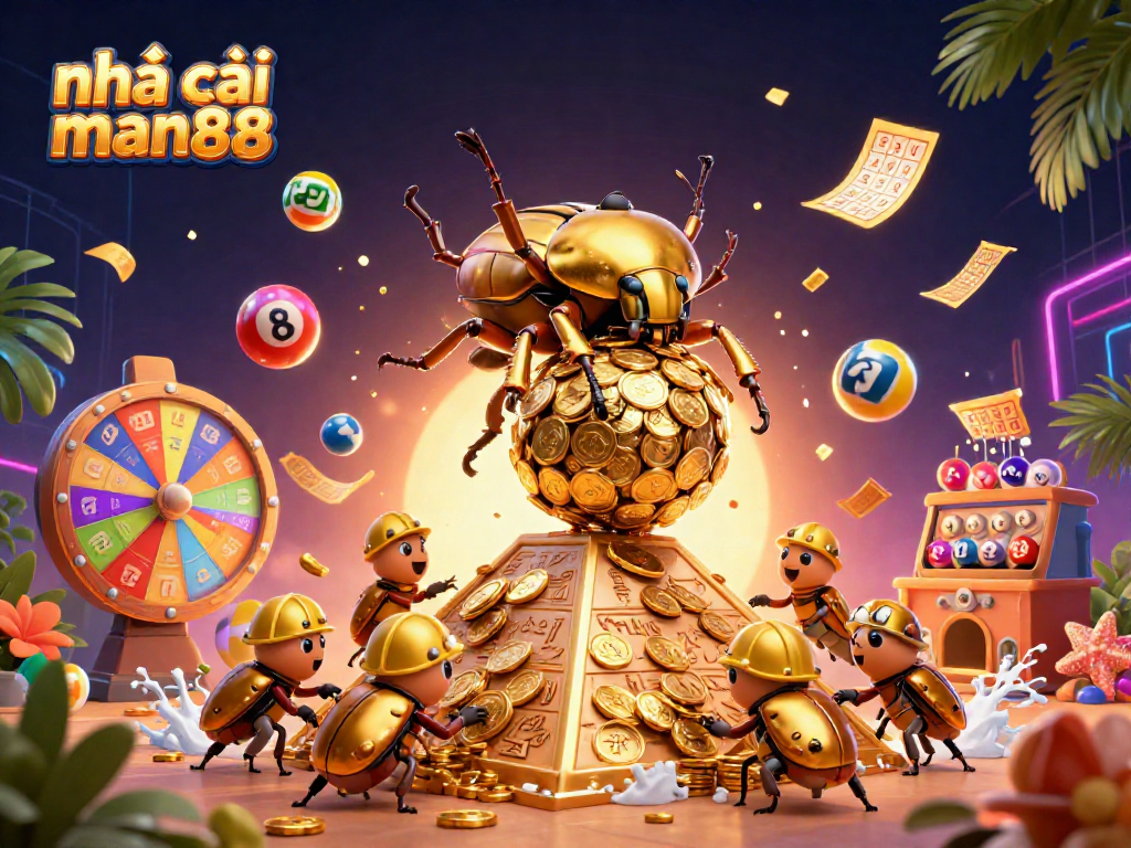 Engage with nhà cái man88 in a vibrant gaming scene featuring golden beetles and casino elements.