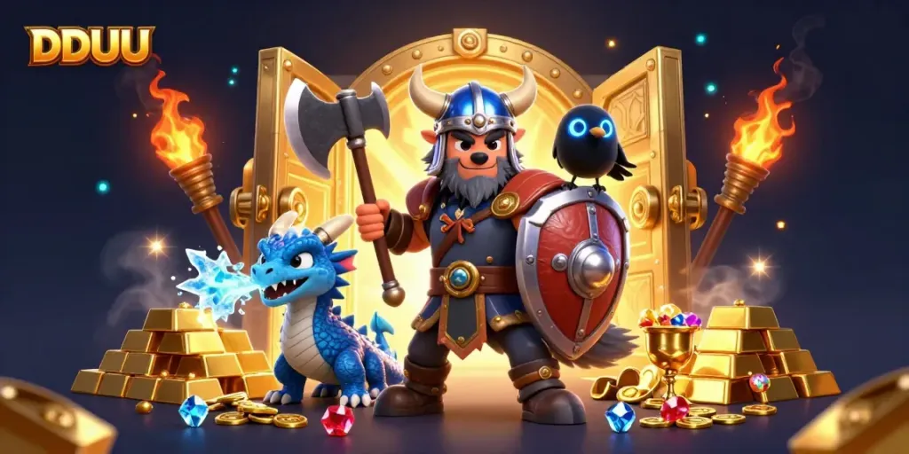 Engage with thrilling DDUU gaming adventures featuring a Viking warrior, dragon, and treasure.