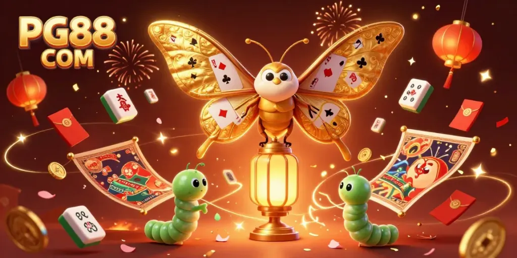Experience the vibrant excitement of PG88 COM with golden casino-themed elements and a spectacular moth illustration.