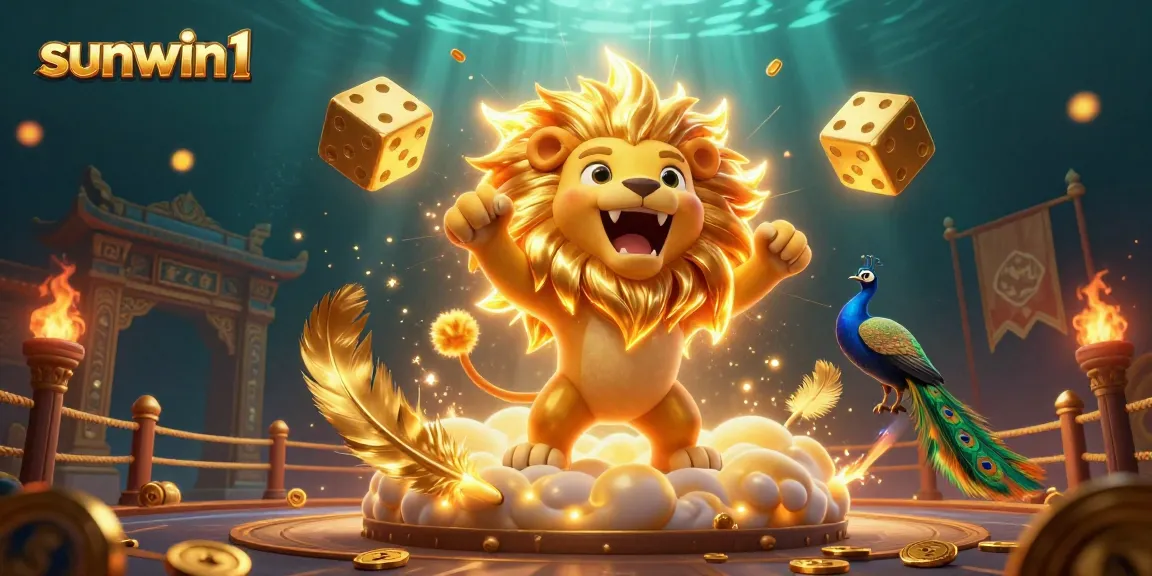 Experience the excitement of sunwin1 with a radiant sun lion amidst swirling golden casino elements.