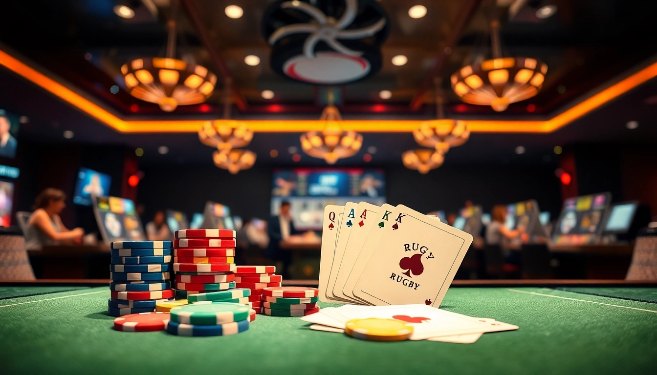 Miser sur rugby paris sportif avec des jetons et des cartes dans un casino animé.