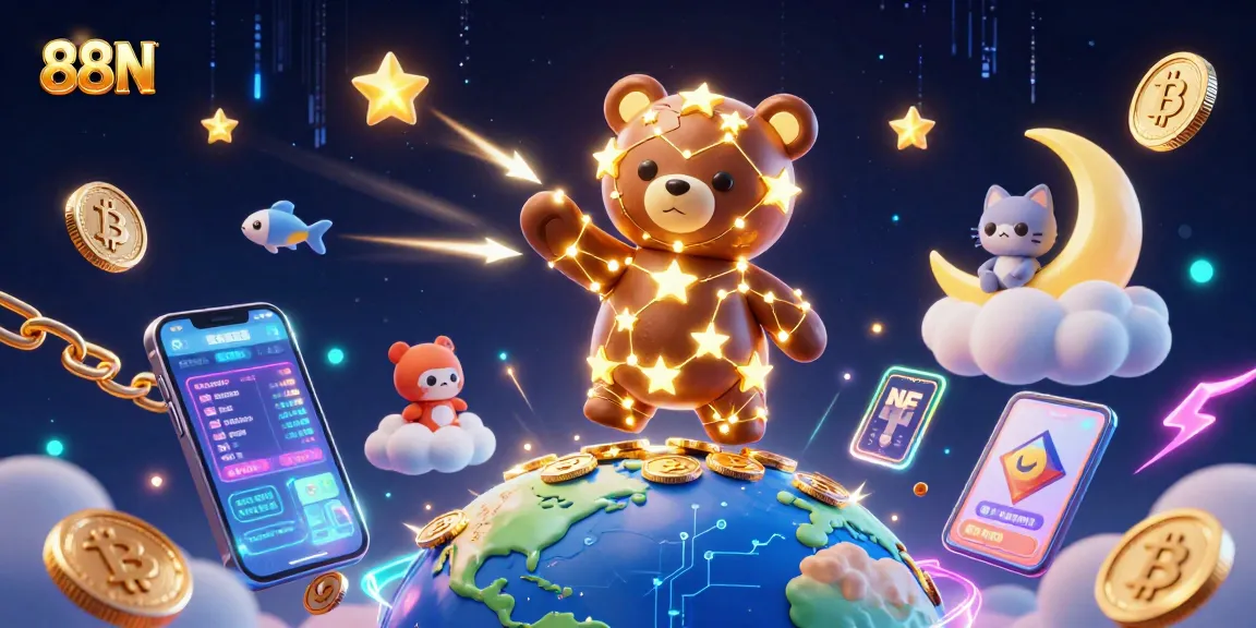 Experience the magic of 88SN's gaming world with a vibrant celestial scene featuring golden stars and crypto elements.