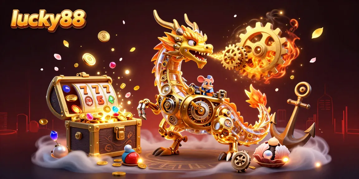 Experience thrilling gameplay with lucky88, featuring a golden dragon, slot reels, and treasures.
