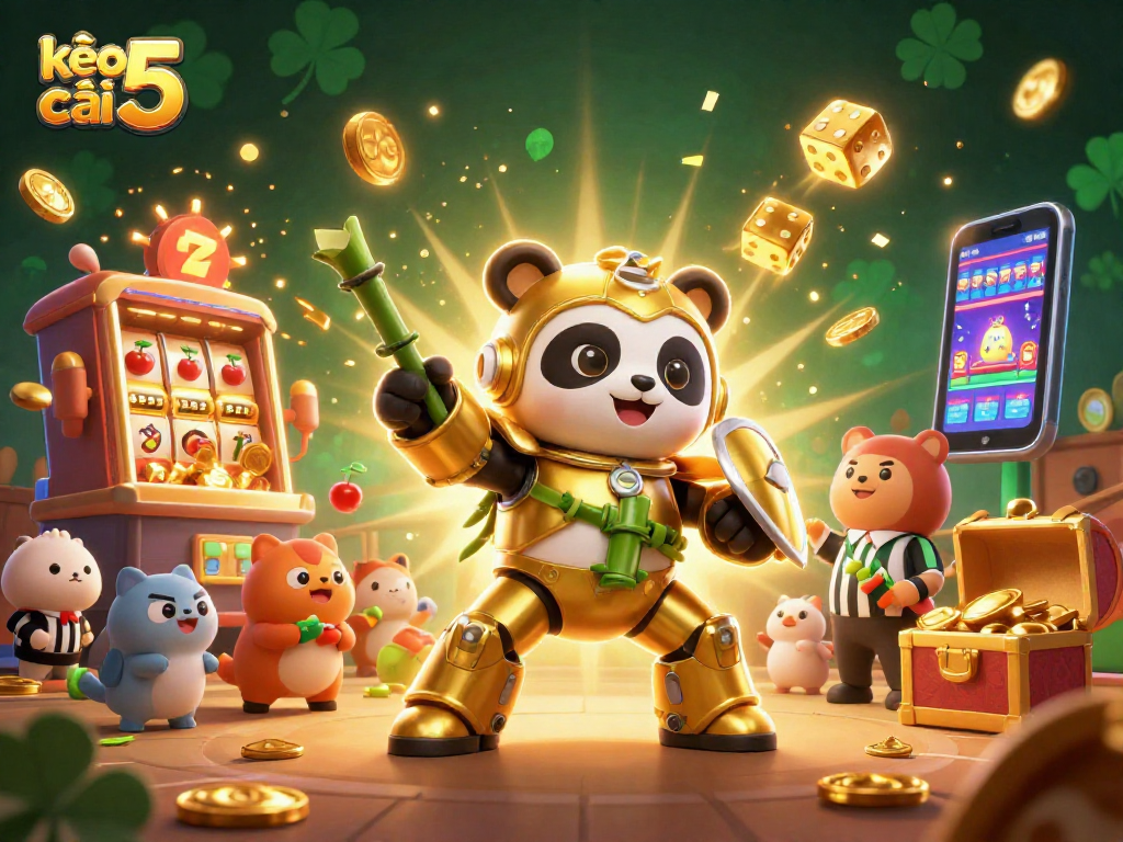 kèo nhà cái 5 showcases an epic 3D battle with a panda robot, slot machine, and vibrant casino elements.