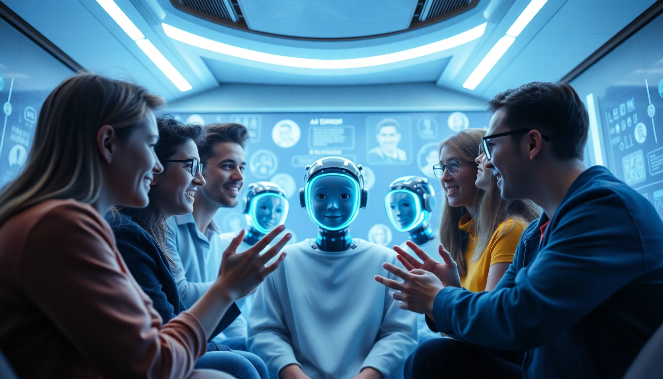 Engaging scene of diverse users interacting with their personalized crushon AI characters in a modern chat room.