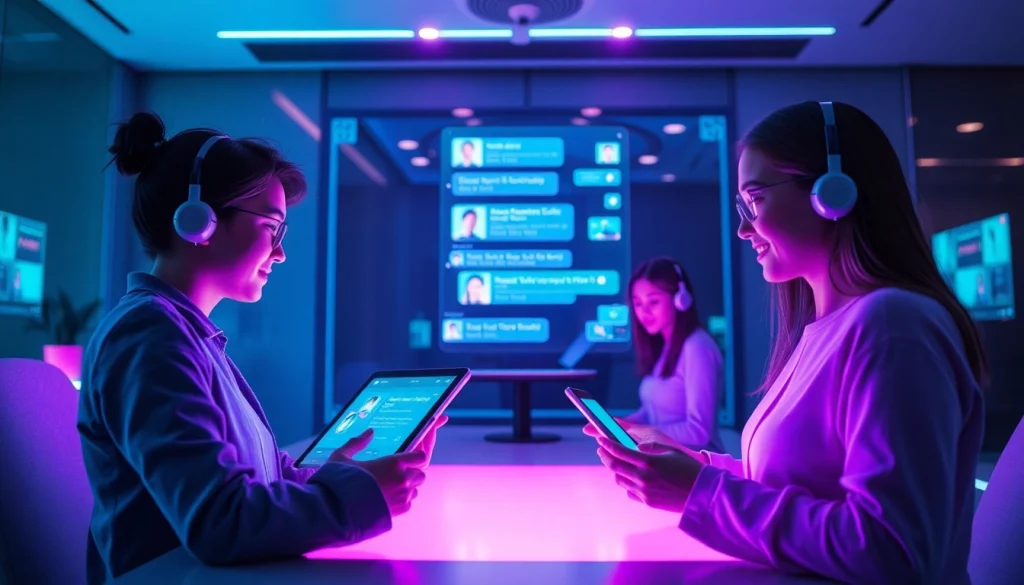 Engaging scene of users interacting with customizable AI personas on the Crushon platform, showcasing vibrant avatars and chat interfaces.