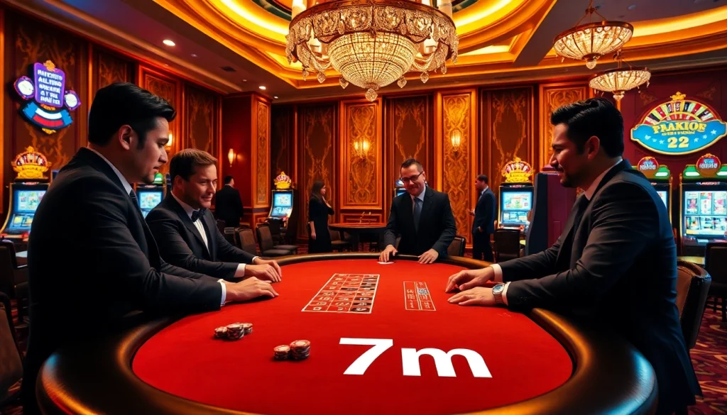 Professional gamblers playing high-stakes poker at a luxurious casino with 7m themed elements.