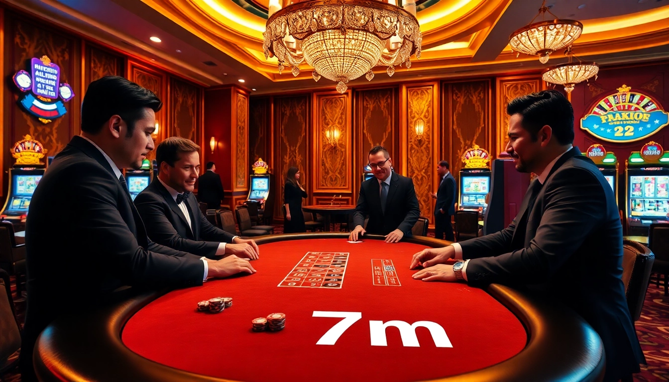Professional gamblers playing high-stakes poker at a luxurious casino with 7m themed elements.