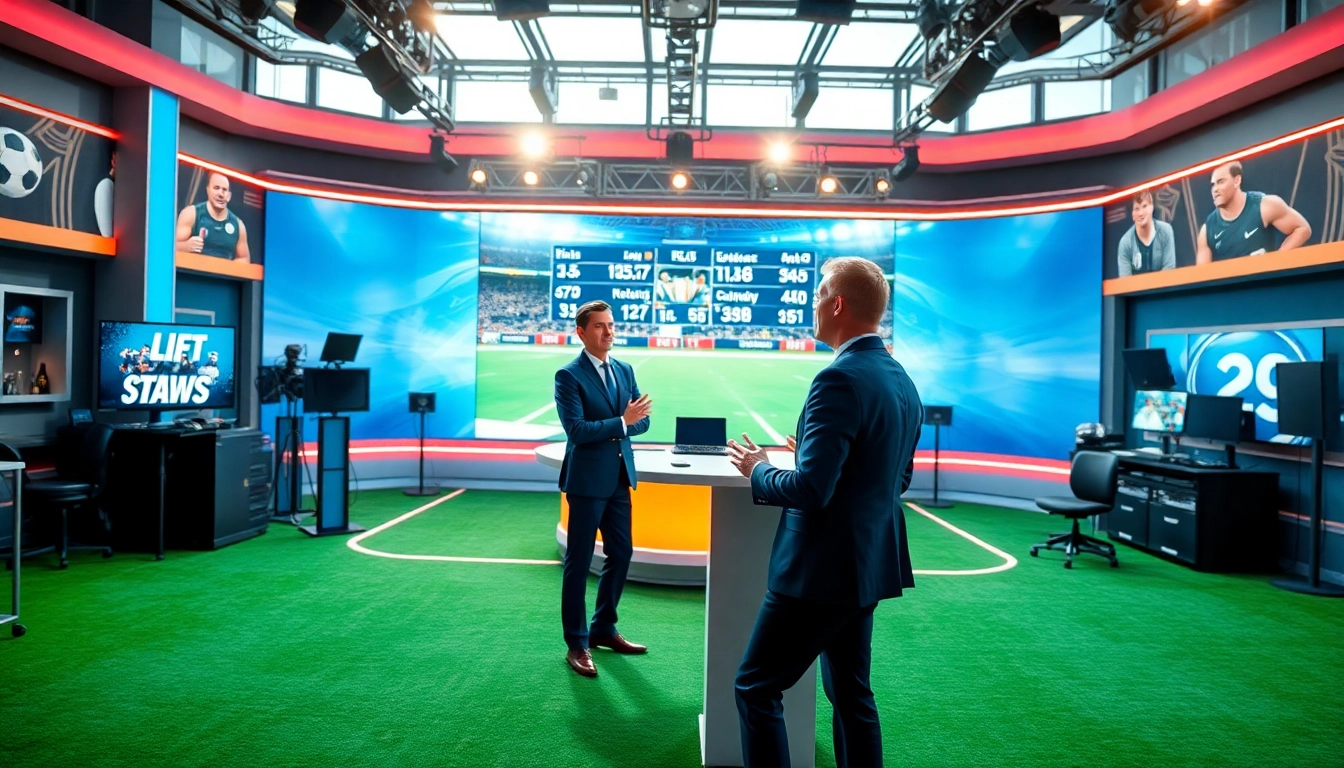 Engaging sports broadcasting setup with anchors sharing insights on live games.