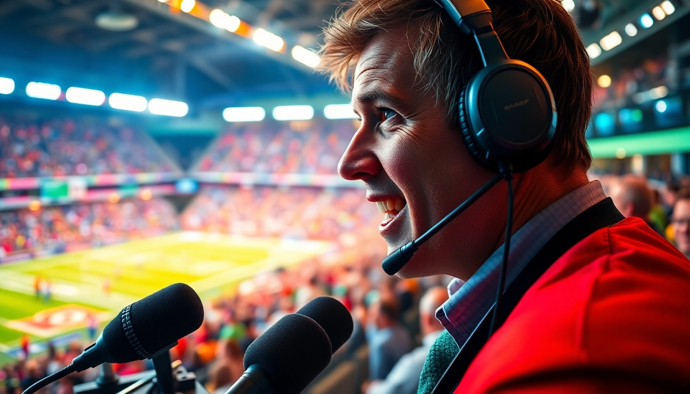 Engaging sports broadcasting scene with announcer at a lively game showcasing Sports Broadcasting excitement.