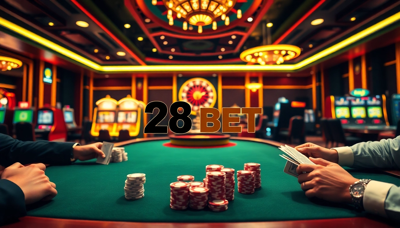 Experience the excitement of 28 BET with high-stakes poker and vibrant casino visuals.