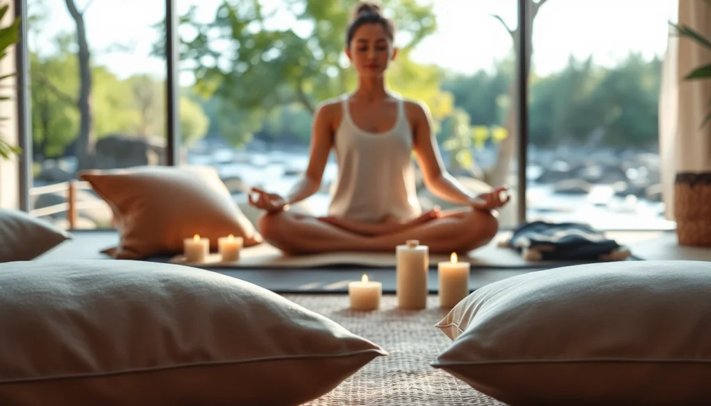 Practicing emotional wellbeing through serene meditation in a peaceful natural setting.