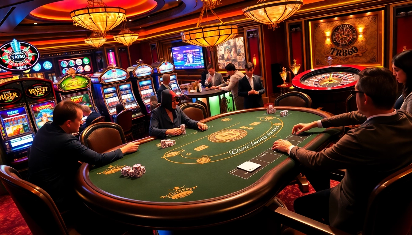 Players immersed in a TR88 casino environment, engaging in poker and enjoying sophisticated amenities.