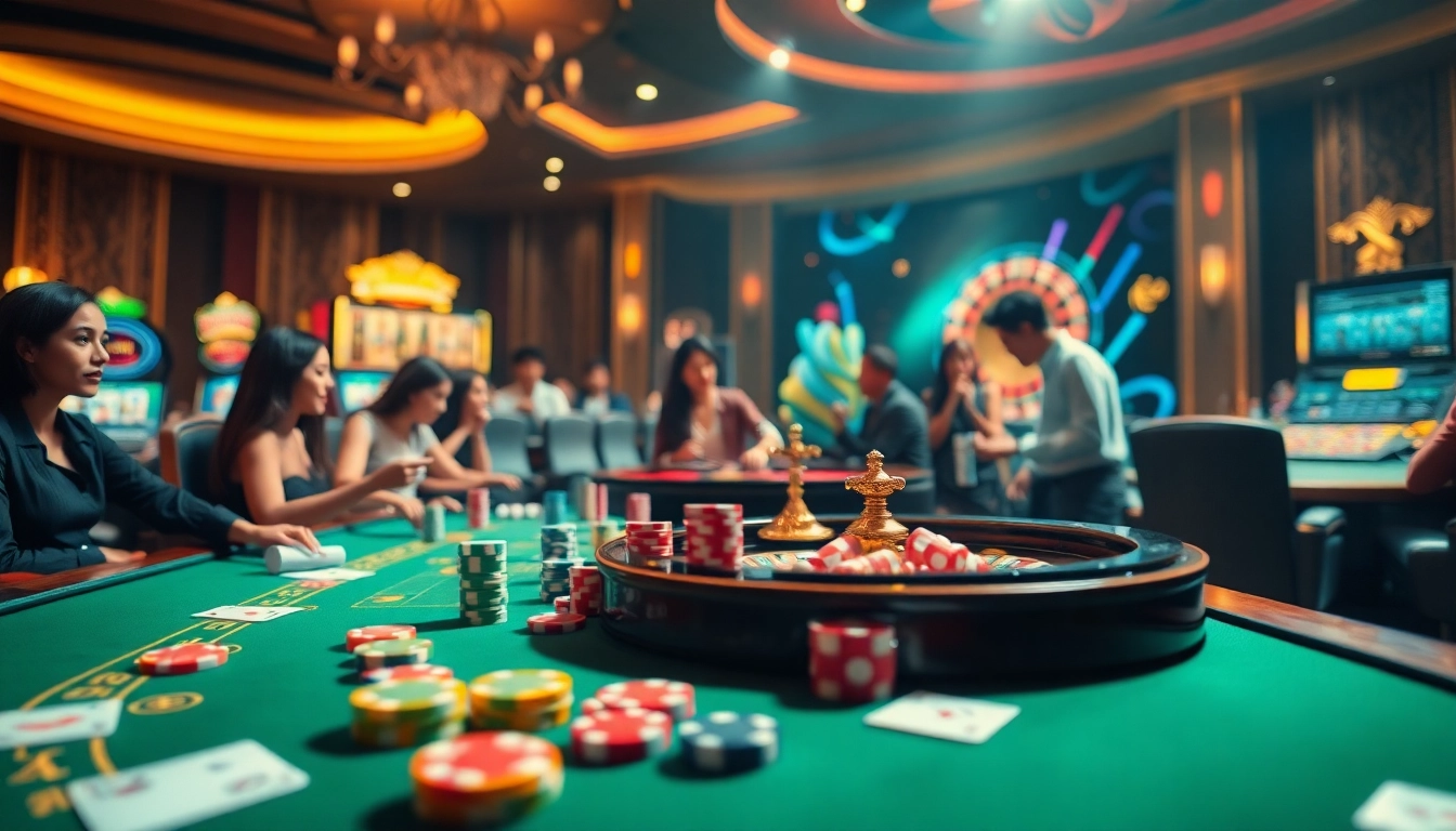 A vibrant scene of online gambling at https://nk88z.com/, showcasing excited players at a casino table with chips and cards.