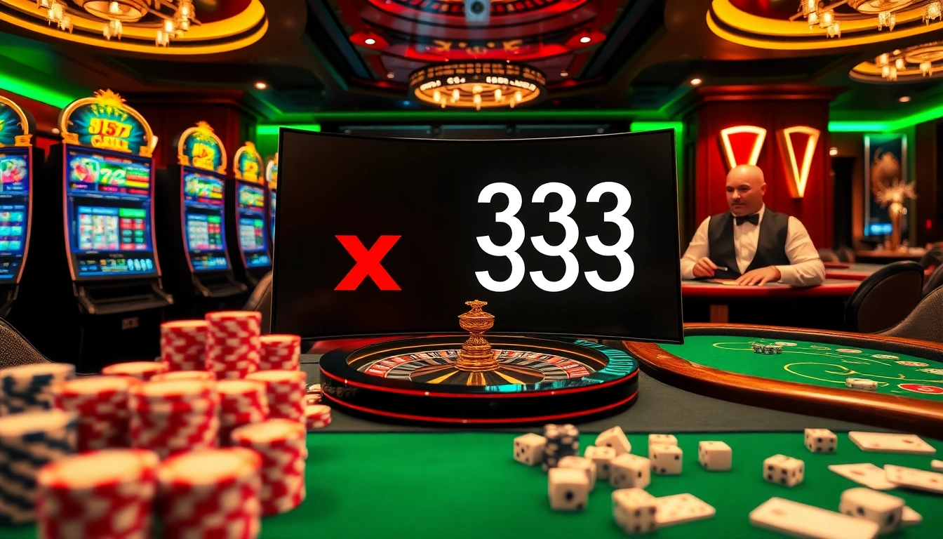 Professional gambler placing strategic bets on x 333 with vibrant slot machines and poker chips in a luxurious casino