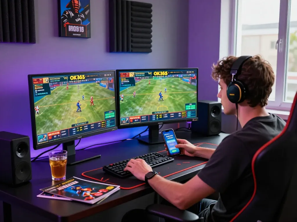 Exciting gaming atmosphere at ok365.br.com showing a player analyzing live sports betting odds.