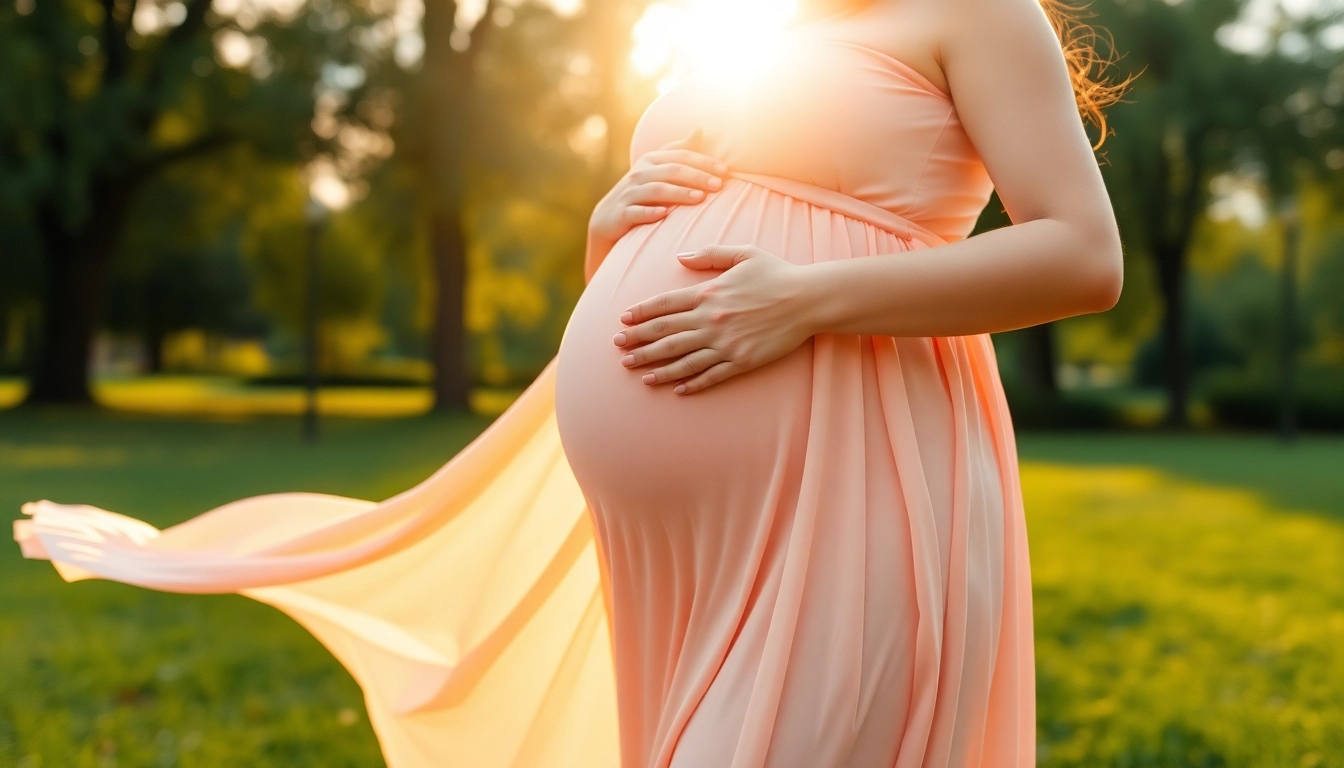 Captivating Babybauch Fotoshooting showcasing an expectant mother embracing her baby bump in a serene outdoor setting.