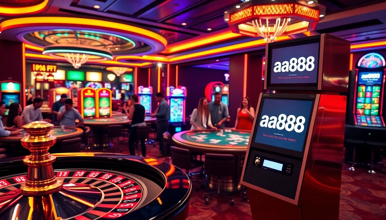 Jogadores interagindo com máquinas caça-níqueis da aa888 em um cassino luxuoso, exibindo a empolgação vibrante do jogo.
