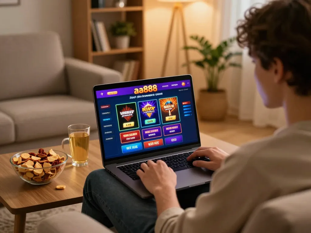 An engaged player exploring aa888 online casino interface on a laptop in a cozy home setting.