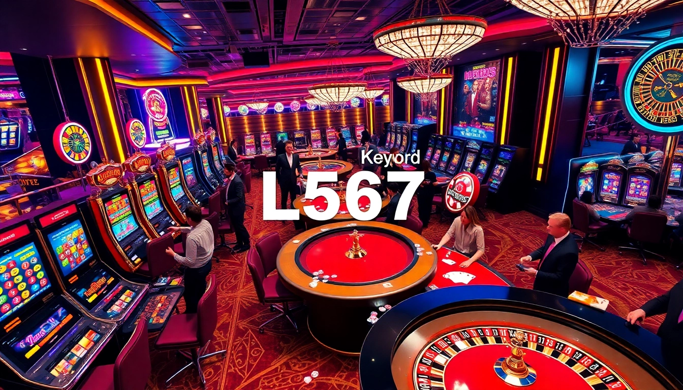 L567 casino action with vibrant slot machines and excited players enjoying high-stakes games.