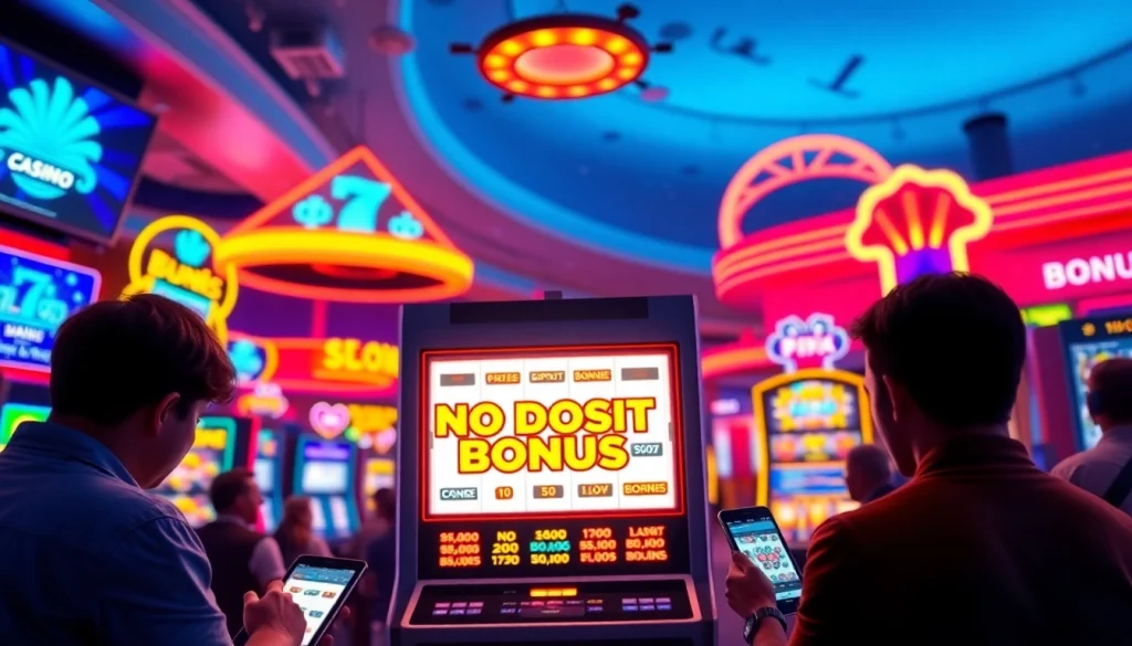 neue casino bonus ohne einzahlung zeigt begeisterte Spieler in einer Online-Casino-Umgebung.