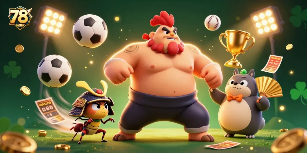 Experience thrilling wins with 78WIN as the dynamic rooster and cricket showcase vibrant casino excitement.