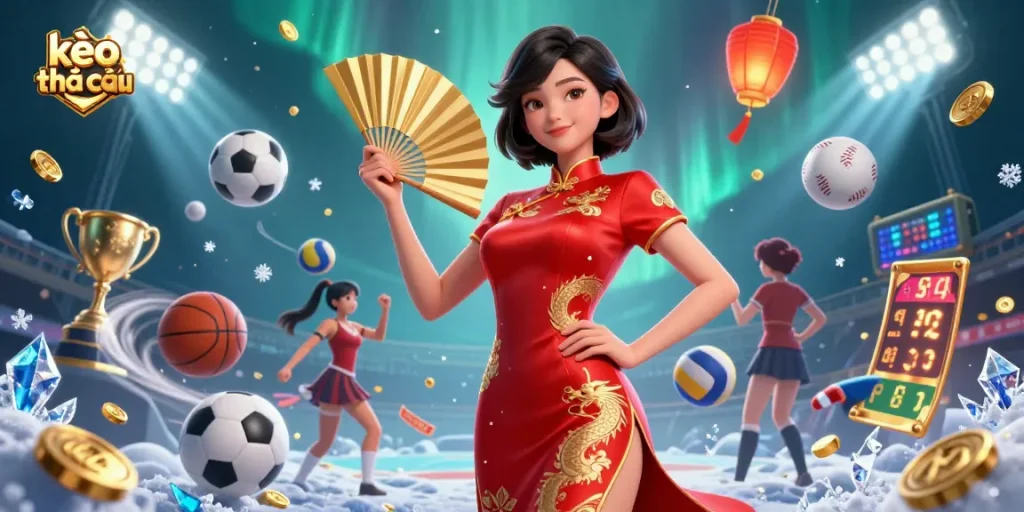 Place your bets on kèo nhà cái as a beautiful Asian woman celebrates with sports elements and golden coins!