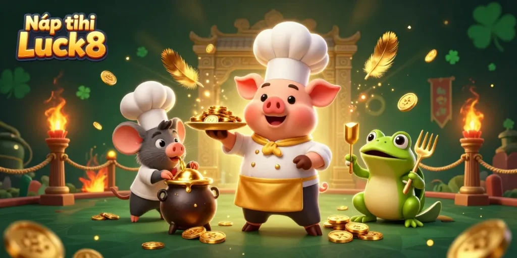 Nạp tiền Luck8 to engage in exciting online gambling activities with gold coins and a dynamic casino scene.