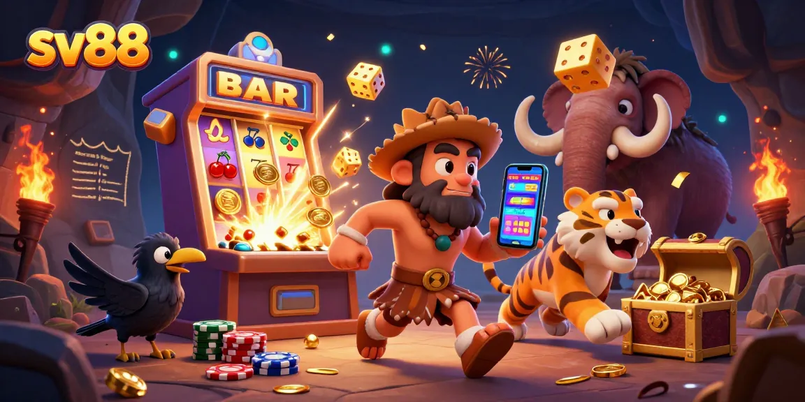 Experience thrilling wins at sv88 with a vibrant prehistoric casino scene featuring cavemen and slots.