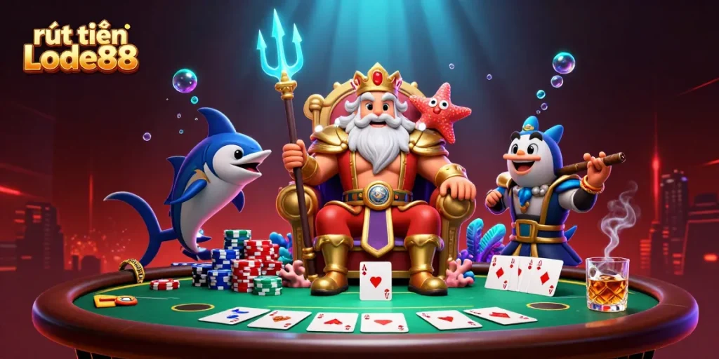 Engage in rút tiền Lode88 strategy with a vibrant poker-themed underwater scene featuring Neptune.