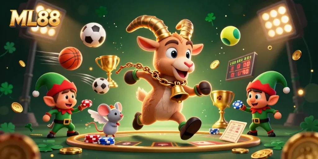 Engage with ML88 at a lively casino scene featuring a Krampus goat, angel mouse, and mischievous gremlins.