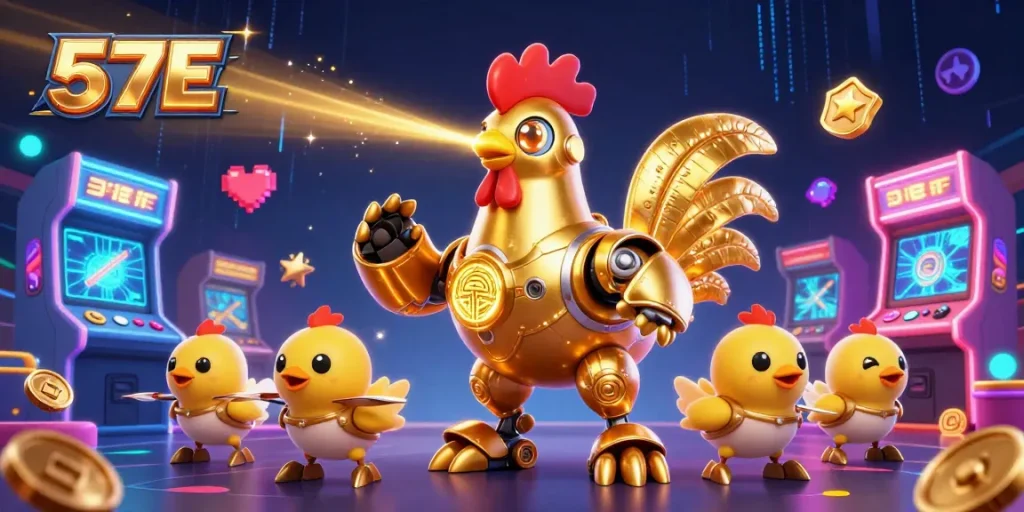 Experience thrilling gameplay at 57E with vibrant casino-themed illustrations.