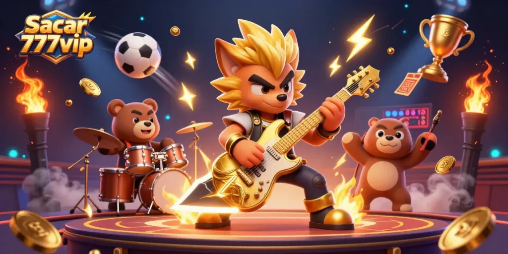 Sacar 777vip gives an exciting visual of a rock star wolf and drummer bear on stage with dynamic sports elements.