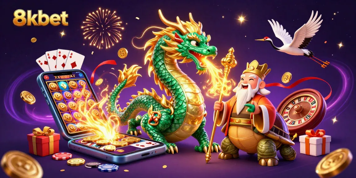 Win big with 8xbet as the emerald dragon and turtle sage celebrate colorful casino games.