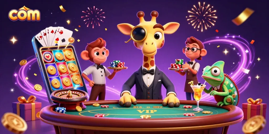 Spin and win with com! Experience a vibrant casino world in this 3D illustration.