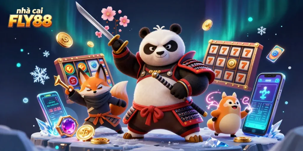 Witness the excitement at nhà cái FLY88 as a samurai panda draws his katana amidst lavish slot elements.