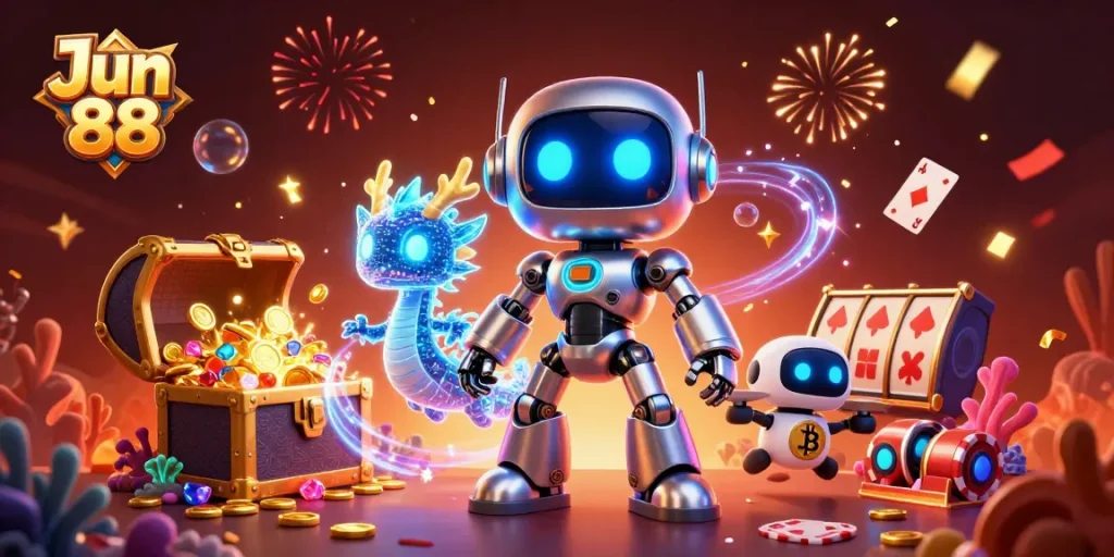 Experience excitement at Jun 88 with a vibrant scene of cartoon characters and casino elements.