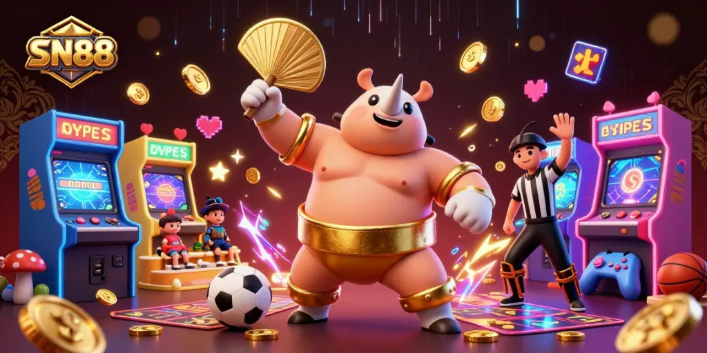 SN88 sports betting scene featuring a vibrant 3D rhinoceros beetle champion amidst colorful betting elements.