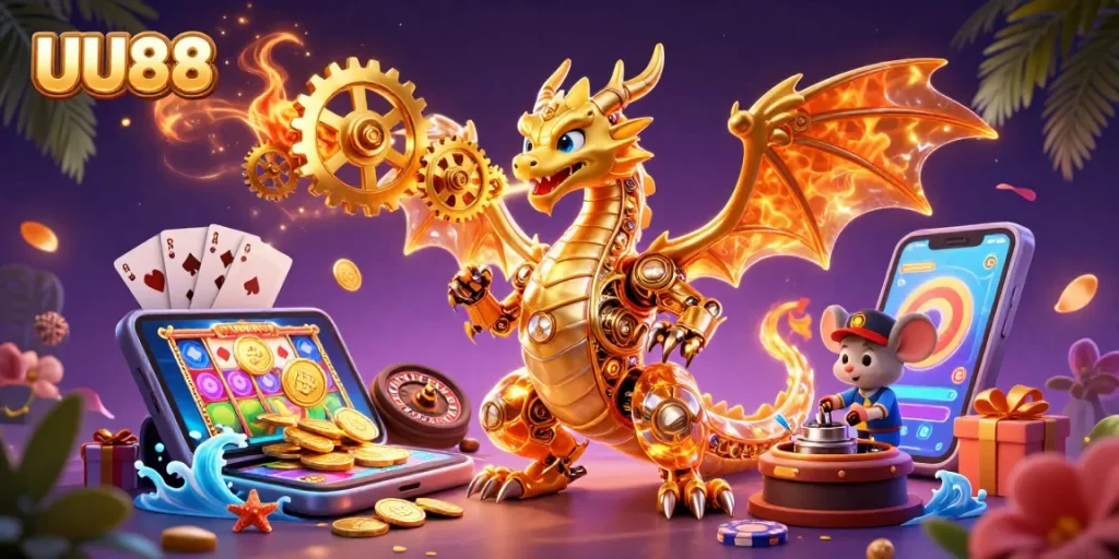 Experience high-stakes fun at UU88 with immersive games showcasing a golden dragon and magical elements.