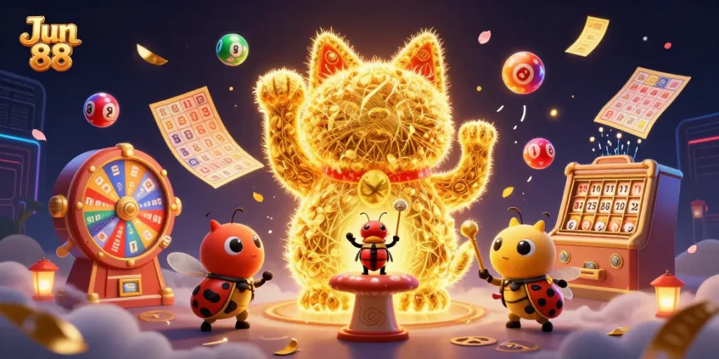 Engage with Jun 88's vibrant casino experience featuring a lucky cat and colorful lottery elements.