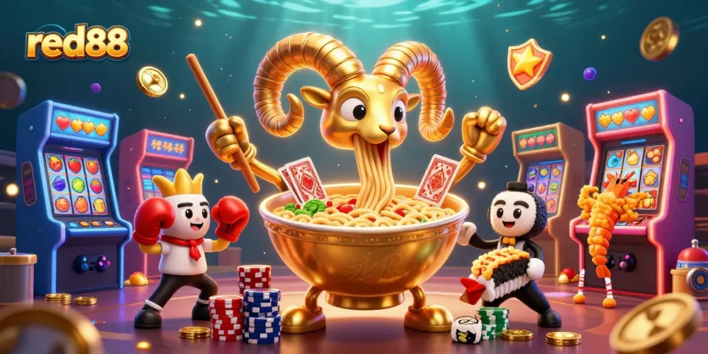 Experience exciting gameplay with red88's vibrant casino scene featuring unique character interactions.